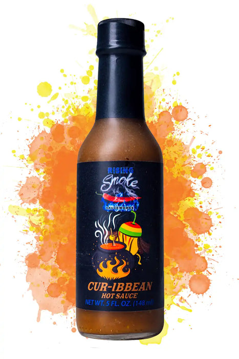 Cur-ibbean Hot Sauce Rising Smoke Sauceworks company pepper stirring pot  blue and yellow backsplash